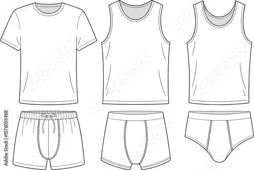 Men’s underwear and top flat sketch, technical drawing of t-shirt, vest, briefs, trunks, boxer, fashion vector illustration