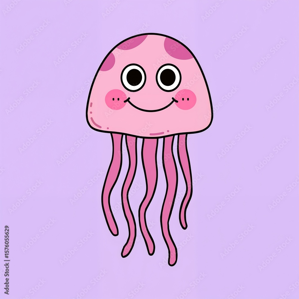 Naklejka premium A cheerful cartoon jellyfish floats against a soft purple background, smiling.