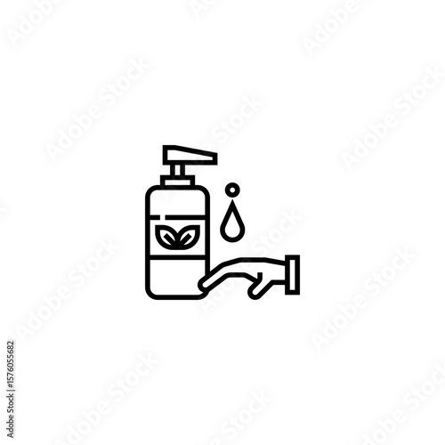 This is a black-and-white line icon of a liquid soap or lotion dispenser with a hand reaching out underneath the nozzle. A drop of liquid is shown coming out of the pump, and the bottle is labeled wit