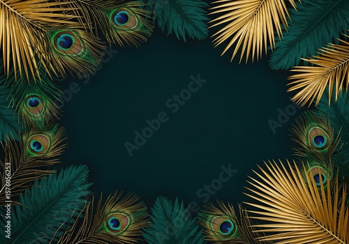 Elegant Art Deco background with a luxury border of peacock feathers and golden palm leaves on a dark green wall.