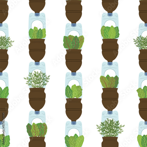 Seamless pattern of self-watering plastic bottle planters on white background. Handmade and DIY secondary use. Vertical garden, urban farming concept. Hand-drawn vector illustration