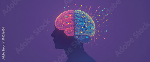 One human brain , one side fill with negetive thoughts equipment and ther side fill with calmness and positive with glowing connected lines, in a purple background, minimalist, illustrated vector styl