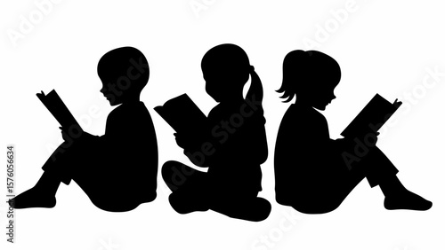 Silhouette illustration of three children sitting and reading books against a white background image scene