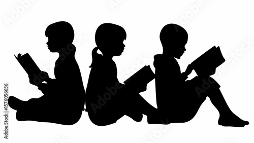 Three children are sitting and reading books in silhouette against a white background in a row image