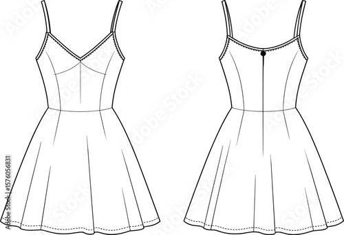 Spaghetti strap mini dress, front and back technical sketch, sweetheart neckline, flared hem, fashion flat design, apparel vector template