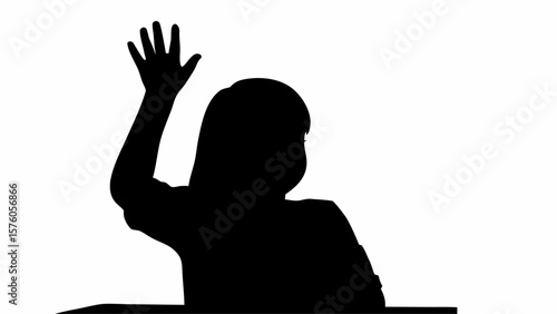Silhouette of a child with their hand raised in a classroom setting, asking a question or volunteering info