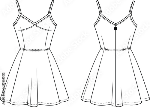 Spaghetti strap flared mini dress, front and back fashion flat sketch, sweetheart neckline, fitted waist, technical vector template design