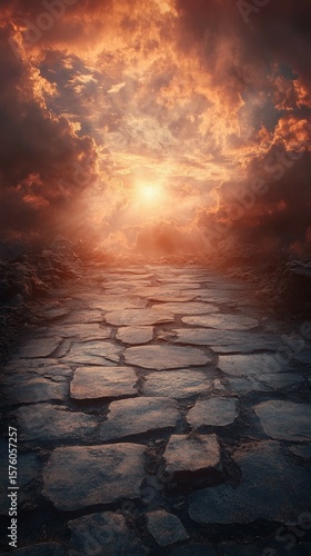 Walking Stone Pathway Leading to Bright Light in Cloudy Sky