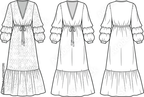 Boho tiered sleeve maxi dress flat sketch, front and back view, V-neck fashion template, technical drawing, women’s clothing design