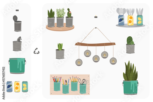 Scheme of upcycling metal elements. Handmade and DIY secondary use. Ecological, reasonable consumption and sustainable life concept. Hand drawn vector illustration