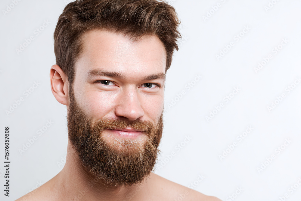 Fototapeta premium Portrait of smiling man with beard and clear skin after skincare treatment, showing healthy and fresh facial appearance with natural light on white background