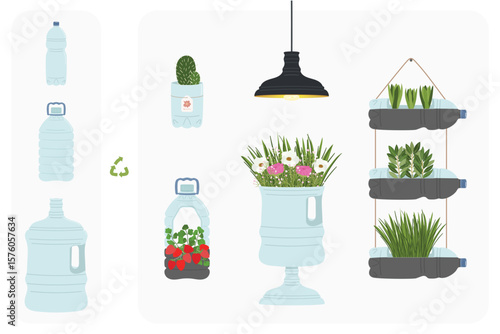Scheme of upcycling plastic elements. Handmade and DIY secondary use. Ecological, reasonable consumption and sustainable life concept. Hand drawn vector illustration