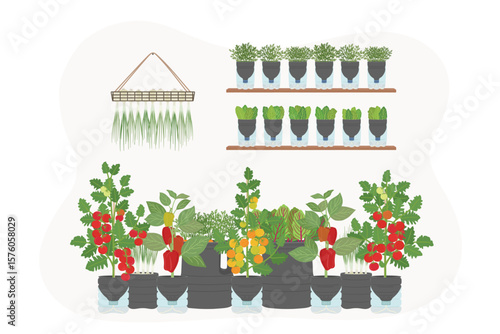 Set of DIY self-watering plastic bottle planters with vegetables and greens at home. Vertical garden, urban farming concept. Hand-drawn vector illustration