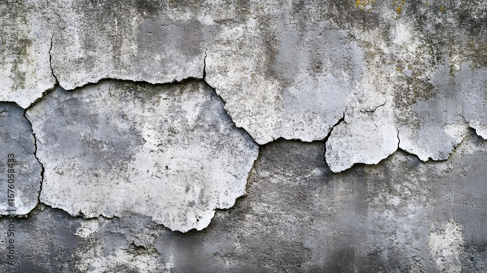 Obraz premium Weathered gray concrete wall with extensive cracking.