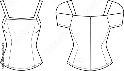 Women’s corset style top fashion flat, front and back technical sketch with shoulder straps, structured fit design, apparel template vector