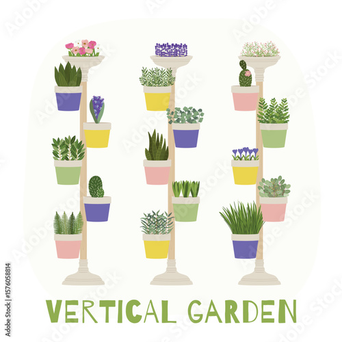 Illustration of planters with plants and flowers at home. Vertical urban garden concept. Hand-drawn vector illustration