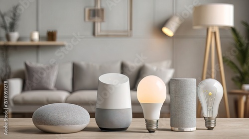 A modern living room with a wooden table featuring four smart home devices and a couch, lamp, and plants in the background.