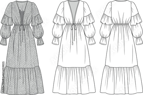 Boho tiered maxi dress fashion flat, long sleeve flared cuff gown sketch, deep V neckline, back view technical drawing