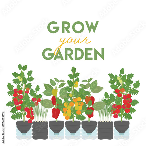 Grow your garden phrase. Set of DIY self-watering plastic bottle planters with vegetables and greens at home. Vertical garden, urban farming concept. Hand-drawn vector illustration