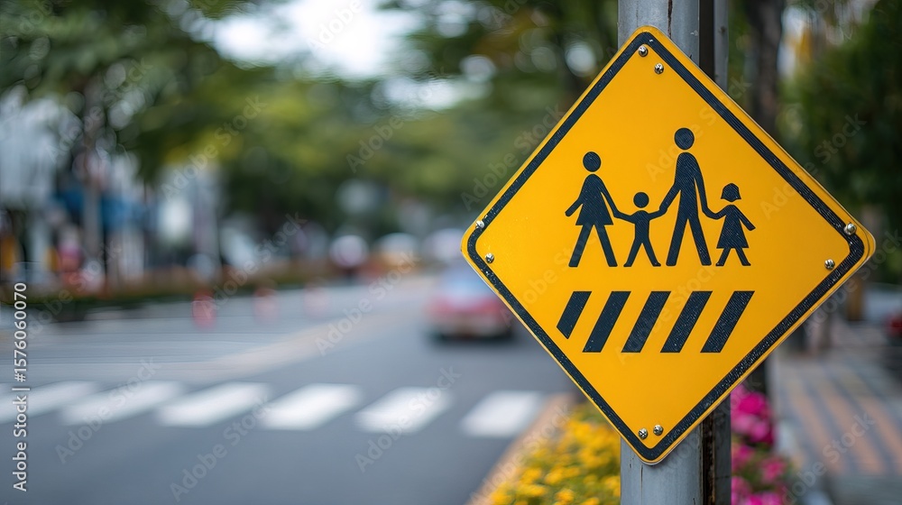A yellow pedestrian crossing sign with a family icon is mounted on a pole near a blurred crosswalk on a city street. A yellow pedestrian crossing sign with a family icon is mounted on a pole near a blurred crosswalk on a city street.