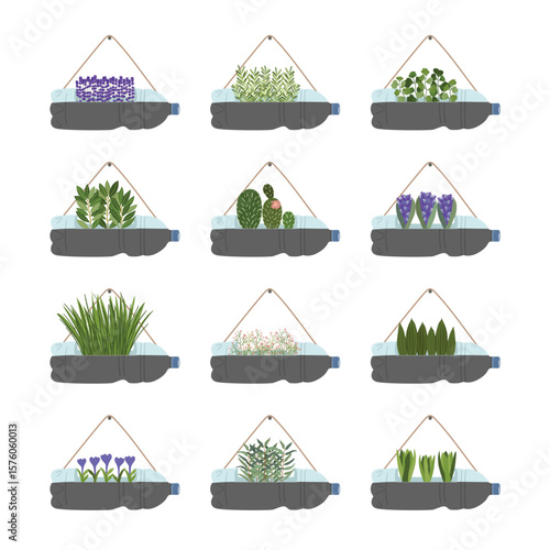 Illustration of plastic bottle planters on white background. Vertical garden, urban farming concept. Hand-drawn vector illustration