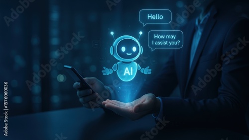 Seated businessman holding phone with holographic robot assistant ai and speech bubbles floats above open palm, showing smart technology, ai interface