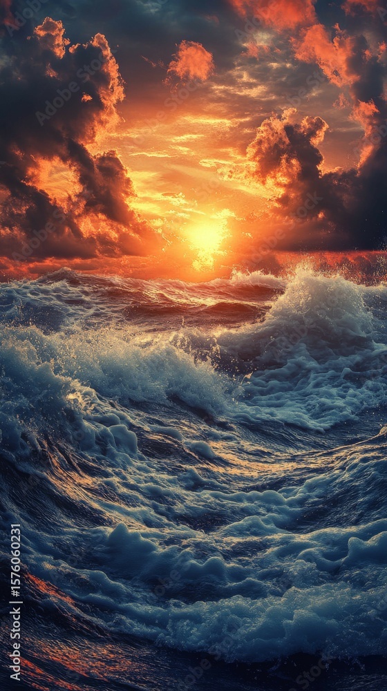 Fototapeta premium Ocean Waves Crashing at Sunset with Dramatic Sky Landscape