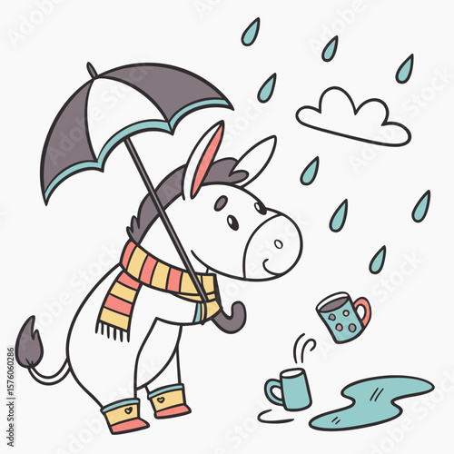 Raindrop Calm themed SVG: Bashful Donkey with with a scarf in a Rainy day environment