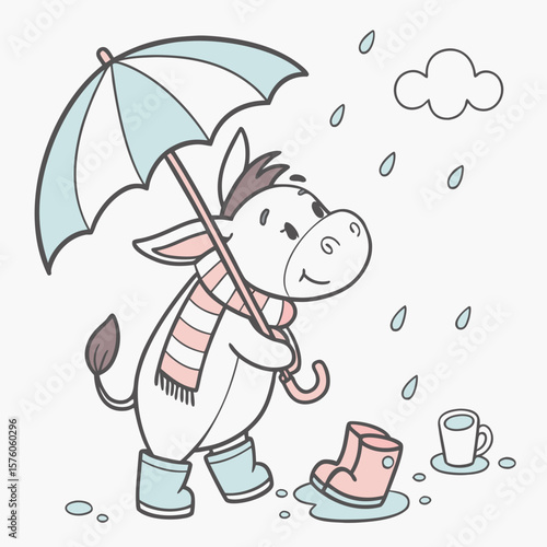 Raindrop Calm themed SVG: Bashful Donkey with with a scarf in a Rainy day environment