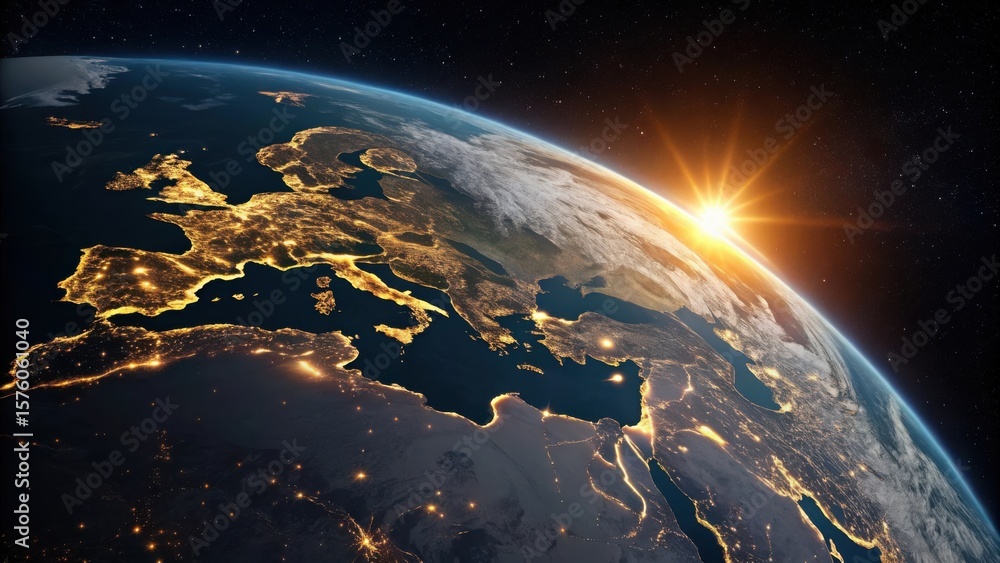 Obraz premium Sunrise over the illuminated continent of europe and africa as seen from space