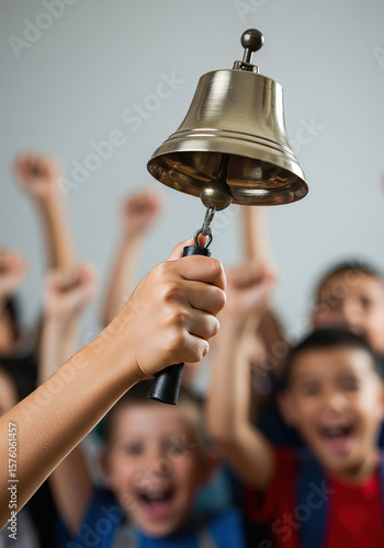 Ringing a celebration bell for success, with a crowd of excited and happy children cheering in a classroom, symbolizing achievement and the end of the school year.