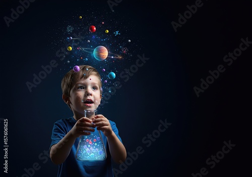 The universe in a flask: a curious boy's science experiment unleashes a magical cosmos of planets and atoms, symbolizing discovery, learning, and wonder.