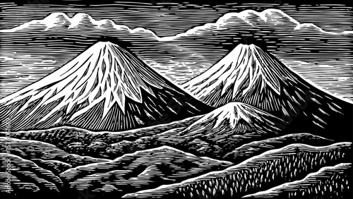 Mount Elbrus with twin snow-capped domes in the Caucasus region, depicted in clean black and white line art illustration, great for European geography and mountainous landscape design