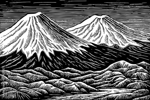 Mount Elbrus with twin snow-capped domes in the Caucasus region, depicted in clean black and white line art illustration, great for European geography and mountainous landscape design