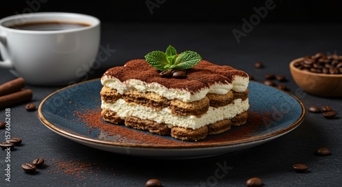 Close up of tiramisu dessert on a blue plate with a cup of coffee and coffee beans around it