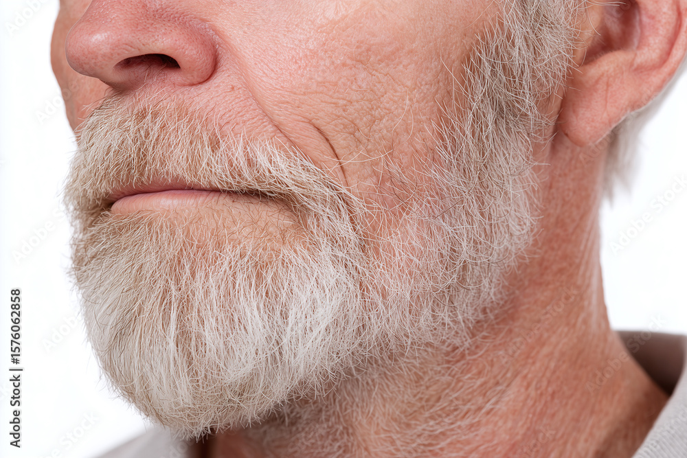 Fototapeta premium Close up of elderly man with rough leathery sun damaged skin and white beard showing detailed wrinkles and facial hair texture in natural light