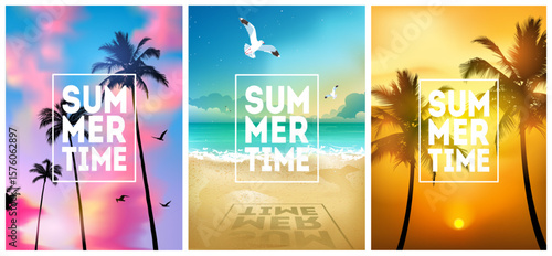 Summer tropical beach backgrounds set with palms, sea beach, sky sunrise and sunset. Summer placard poster flyer invitation card. Summertime, perfect t shirt print.
