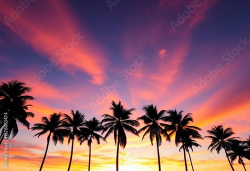 Silhouetted palm trees at sunset, vibrant sky, tropical scene,  beach,   coast