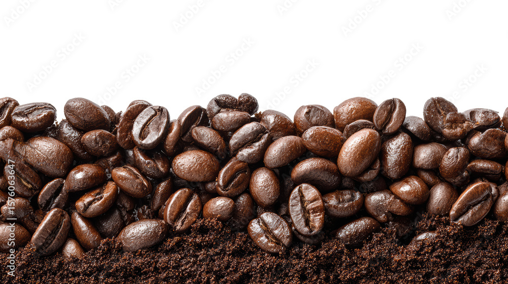 Fototapeta premium Freshly ground coffee beans and powder on a black background.