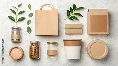 Sustainable and recyclable ecofriendly packaging materials arranged in a flat lay for branding and design