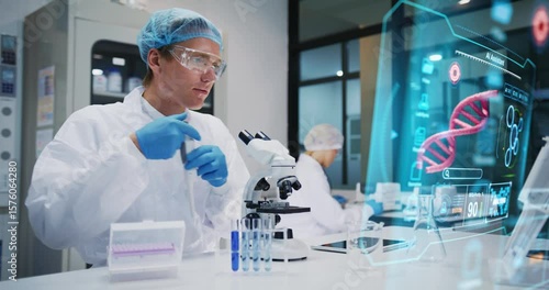 Two scientists in protective gear using microscope and advanced holographic interface to analyze DNA data in a high-tech laboratory.