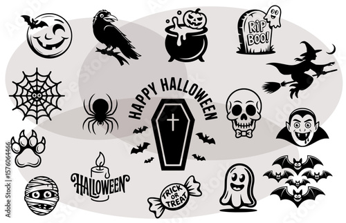 Collection of Halloween symbols with typography, skull, pumpkin, witch, vampire, mummy, ghost, raven and other spooky elements