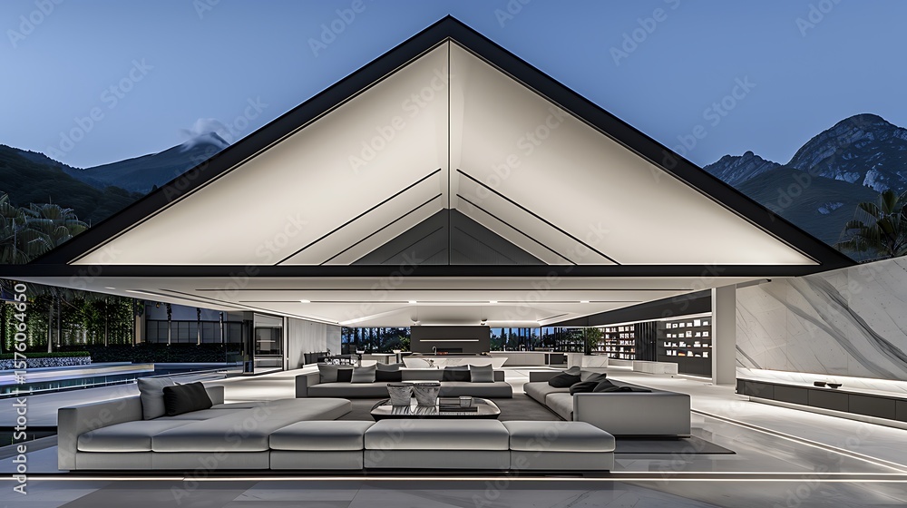 Obraz premium Serene modern villa interior with mountain backdrop evoking luxury living design