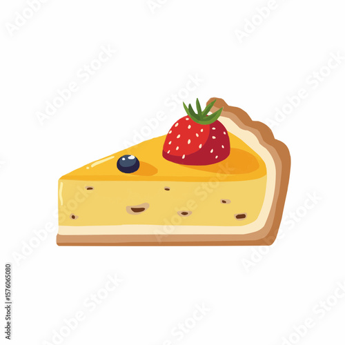 Slice of crostata with strawberry and blueberry topping on white background  