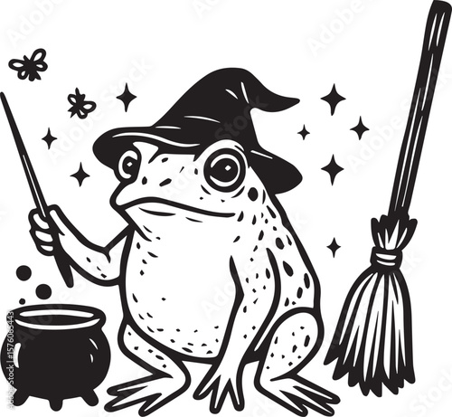 halloween frog witch with broom and cauldron