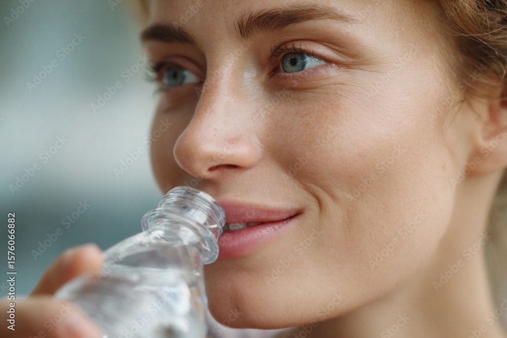 Close-up of woman’s lips touching bottle as she drinks mineral water, soft natural light, refreshing expression.
Close-up of woman’s lips touching bottle as she drinks mineral water, soft natural light, refreshing expression.