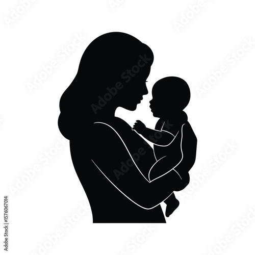 Silhouette of a Mother and Baby Vector Illustration of Maternal Love and Care
