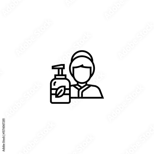 The image is a minimalist black-and-white line icon representing a spa or personal care service. It shows a female figure with her hair wrapped in a towel or headband, next to a bottle with a pump dis