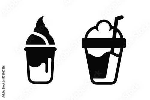 Simple black icons representing a swirled soft serve ice cream and a frappuccino drink with straw