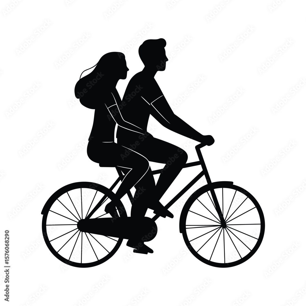 Fototapeta premium Silhouette of Couple Riding Bicycle Together Romantic Bike Ride Illustration